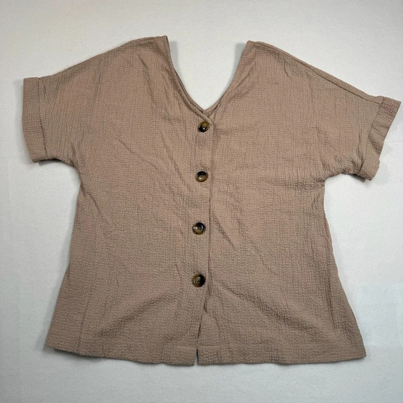 Oversized Short Sleeve Button Up Top Womens Size M V Neck Textured Blouse Tan - Picture 1 of 7